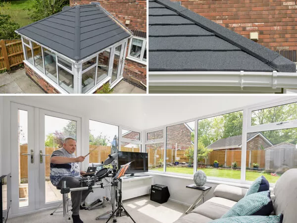 A man playing the drums in his solid roof extension